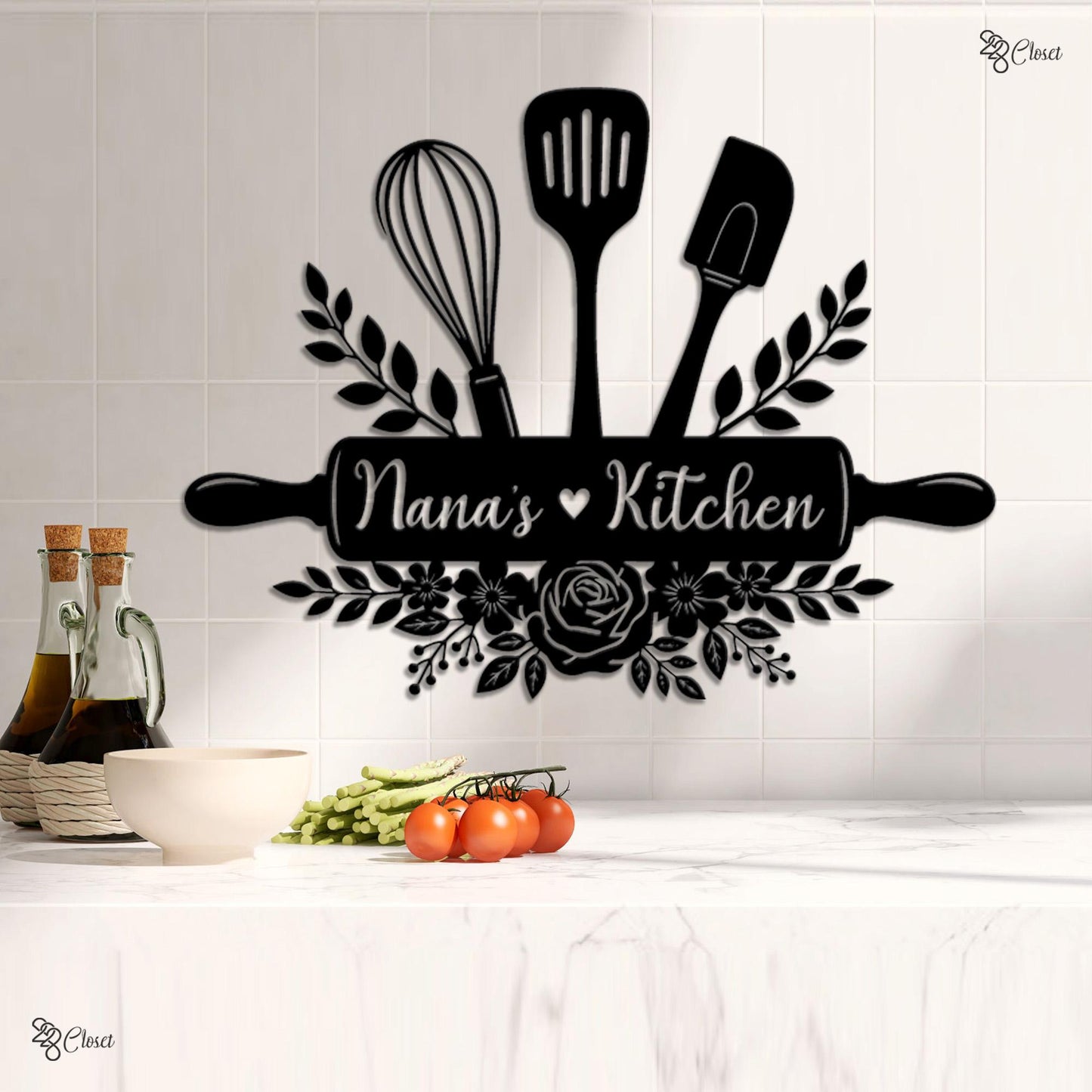 Personalized Kitchen Metal Sign, Cooking Lover Gift, Custom Utensil Wall, Housewarming gift, Kitchen name decor, Gift for mom, Utensil wall