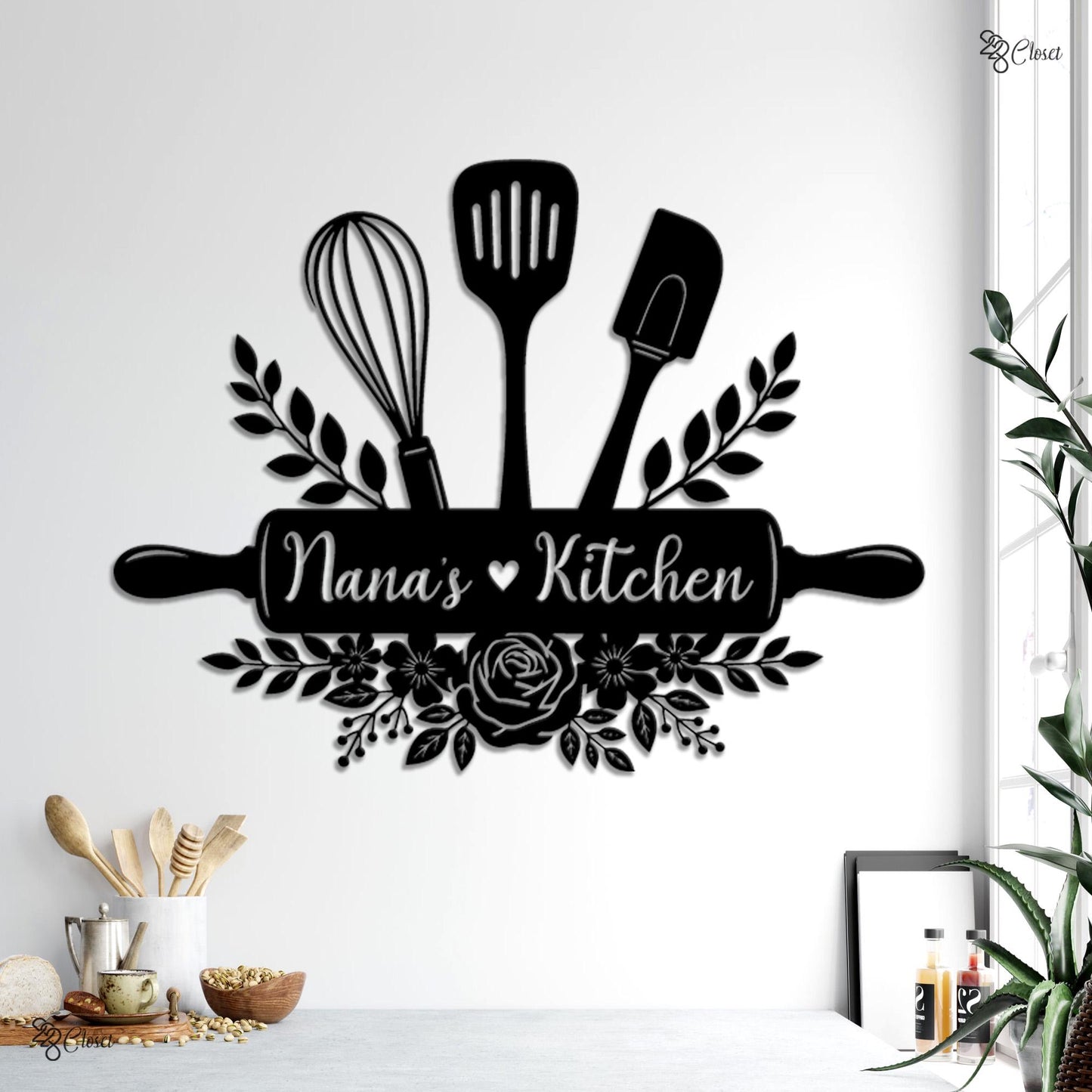 Personalized Kitchen Metal Sign, Cooking Lover Gift, Custom Utensil Wall, Housewarming gift, Kitchen name decor, Gift for mom, Utensil wall