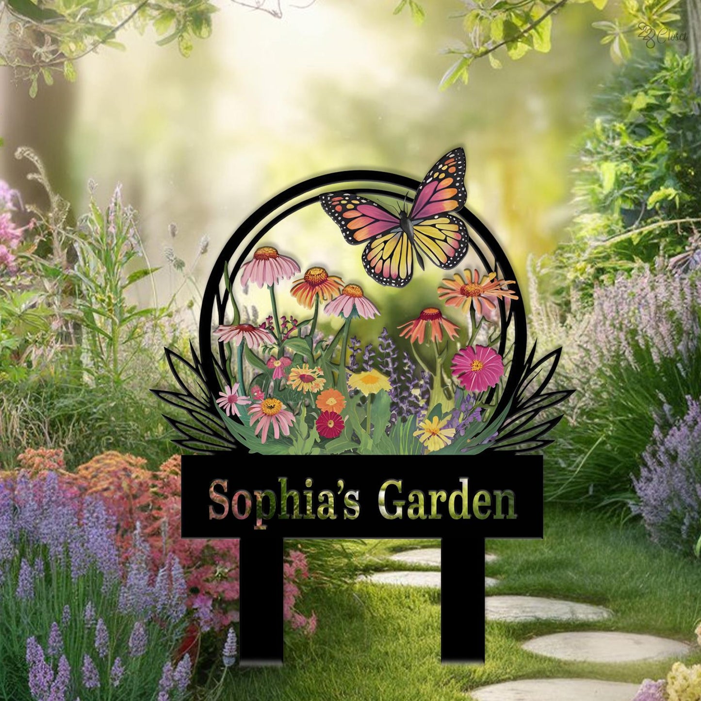 Personalized Garden Sign with Flower, Butterfly Stake, Butterfly Flower Yard Name, Colorful Garden, Gardener gift, Wildflower decor,Mom Gift