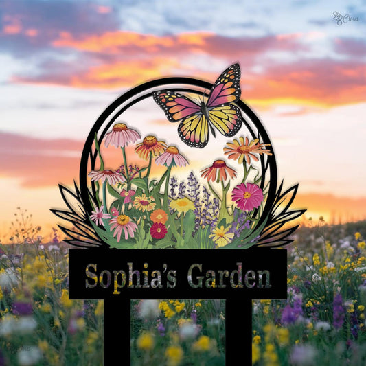 Personalized Garden Sign with Flower, Butterfly Stake, Butterfly Flower Yard Name, Colorful Garden, Gardener gift, Wildflower decor,Mom Gift