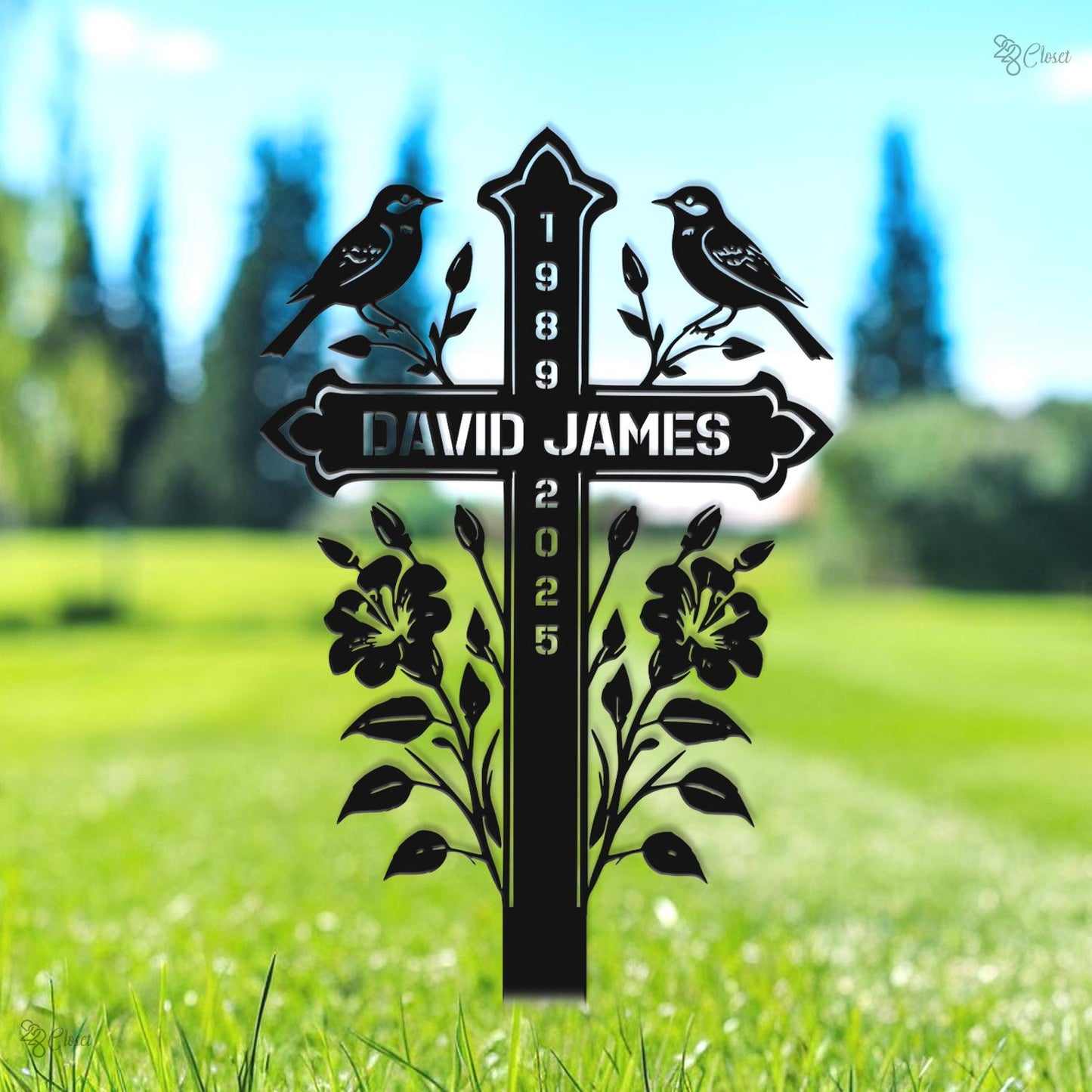 Custom Memorial Cross Sign, Personalized Cemetery Cross, Remembrance Gift, Floral Memorial Cross Sign, Funeral decor sign, Cross with flower