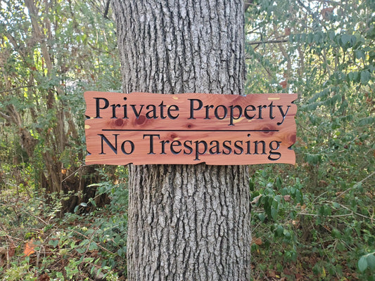 Private Property No Trespassing Carved Rustic Sign, Outdoor Posted Land Sign, Cypress Cedar Wood Plaque, CNC Carved Wooden, Exterior Outside