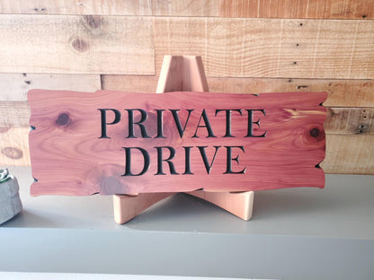 Private Drive Carved Wooden Sign, Rustic Driveway Plaque, Cedar Cypress Outdoor Wood, CNC Land Carving, Exterior Property Sign Carving