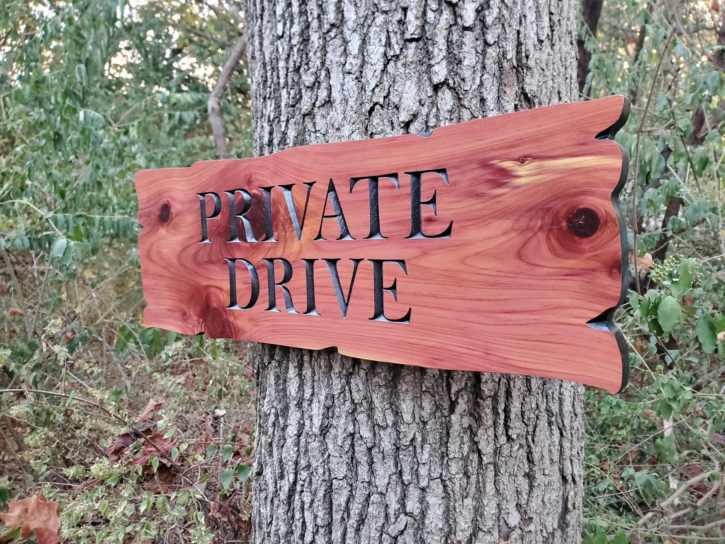 Private Drive Carved Wooden Sign, Rustic Driveway Plaque, Cedar Cypress Outdoor Wood, CNC Land Carving, Exterior Property Sign Carving