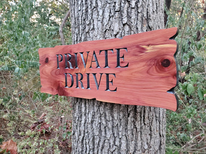 Private Drive Carved Wooden Sign, Rustic Driveway Plaque, Cedar Cypress Outdoor Wood, CNC Land Carving, Exterior Property Sign Carving