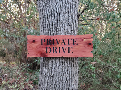 Private Drive Carved Wooden Sign, Rustic Driveway Plaque, Cedar Cypress Outdoor Wood, CNC Land Carving, Exterior Property Sign Carving