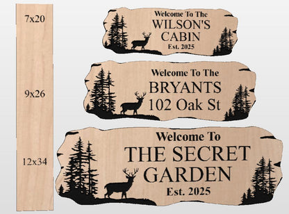 Custom Deer Cabin Sign, Personalized Rustic Vacation Home Wooden Plaque, Family Name Outdoor Wood, Exterior Welcome Est Date, Deer Nature