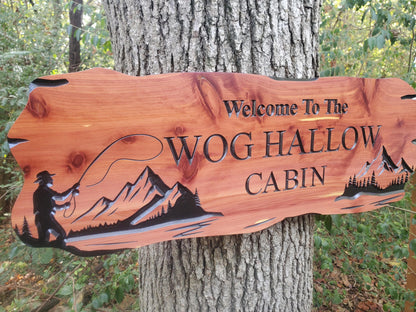 Custom Fishing Cabin Sign, Personalized Rustic Vacation Home Wooden Plaque, Family Name Outdoor Wood, Exterior Welcome Est Date, Fisherman
