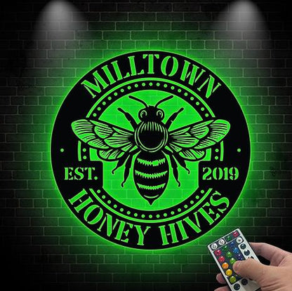 Personalized Honey Bee Sign LED Lights, Custom Metal Bee Decor, Bee Hive Garden, Welcome Family Bee Sign,Custom Gift for Gardener Bee Keeper