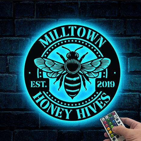 Personalized Honey Bee Sign LED Lights, Custom Metal Bee Decor, Bee Hive Garden, Welcome Family Bee Sign,Custom Gift for Gardener Bee Keeper