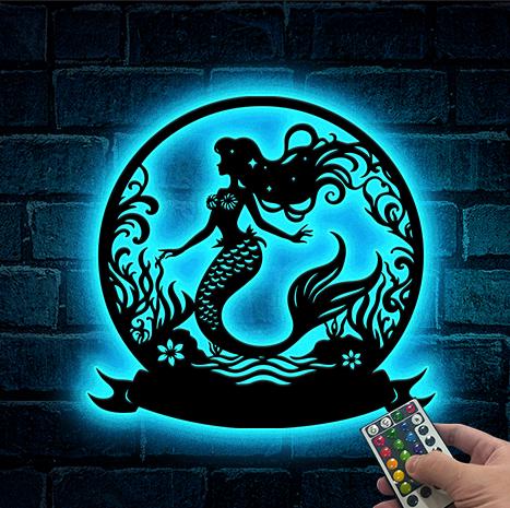 Mermaid Metal Wall Art with Led Light, Metal Mermaid Sign Mermaid Art, Kids Room Beach House Decor, Birthday Gifts She Shed Xmas Decor