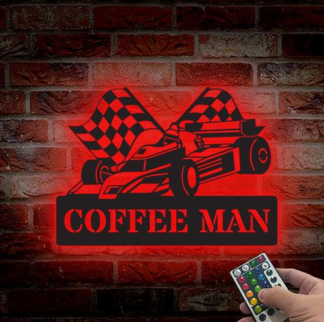 Checkered Flag Racing Metal Wall Art LED Lights, Racing Car Metal sign,Garage Decor Gift for him Man Cave Decor Father's Day gift,Xmas Gift