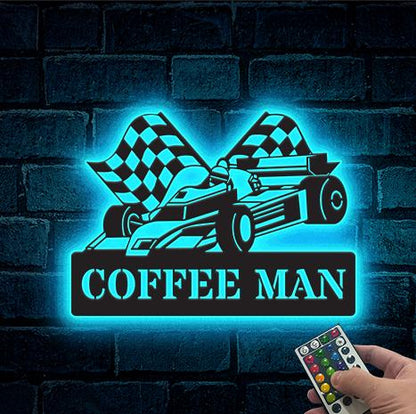 Checkered Flag Racing Metal Wall Art LED Lights, Racing Car Metal sign,Garage Decor Gift for him Man Cave Decor Father's Day gift,Xmas Gift