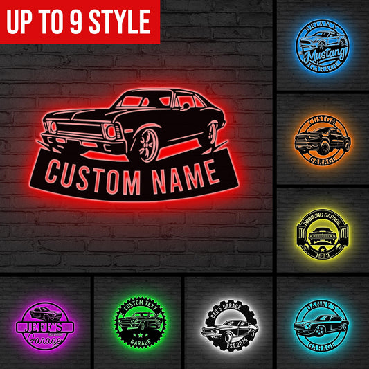 Custom Metal Garage Sign LED Light Personalized Mechanic Wall Art,Man Cave Decor,Garage Metal Plaque Garage Decor Dad Gift Father’s Day Gift