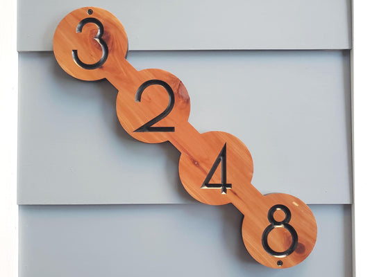 House Sign, Mid Century Modern Home Street Number Address Plaque, MCM Diagonal Circle Shape Numbers