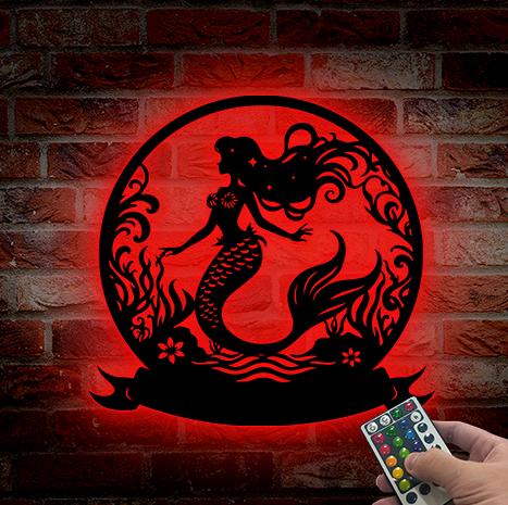 Mermaid Metal Wall Art with Led Light, Metal Mermaid Sign Mermaid Art, Kids Room Beach House Decor, Birthday Gifts She Shed Xmas Decor