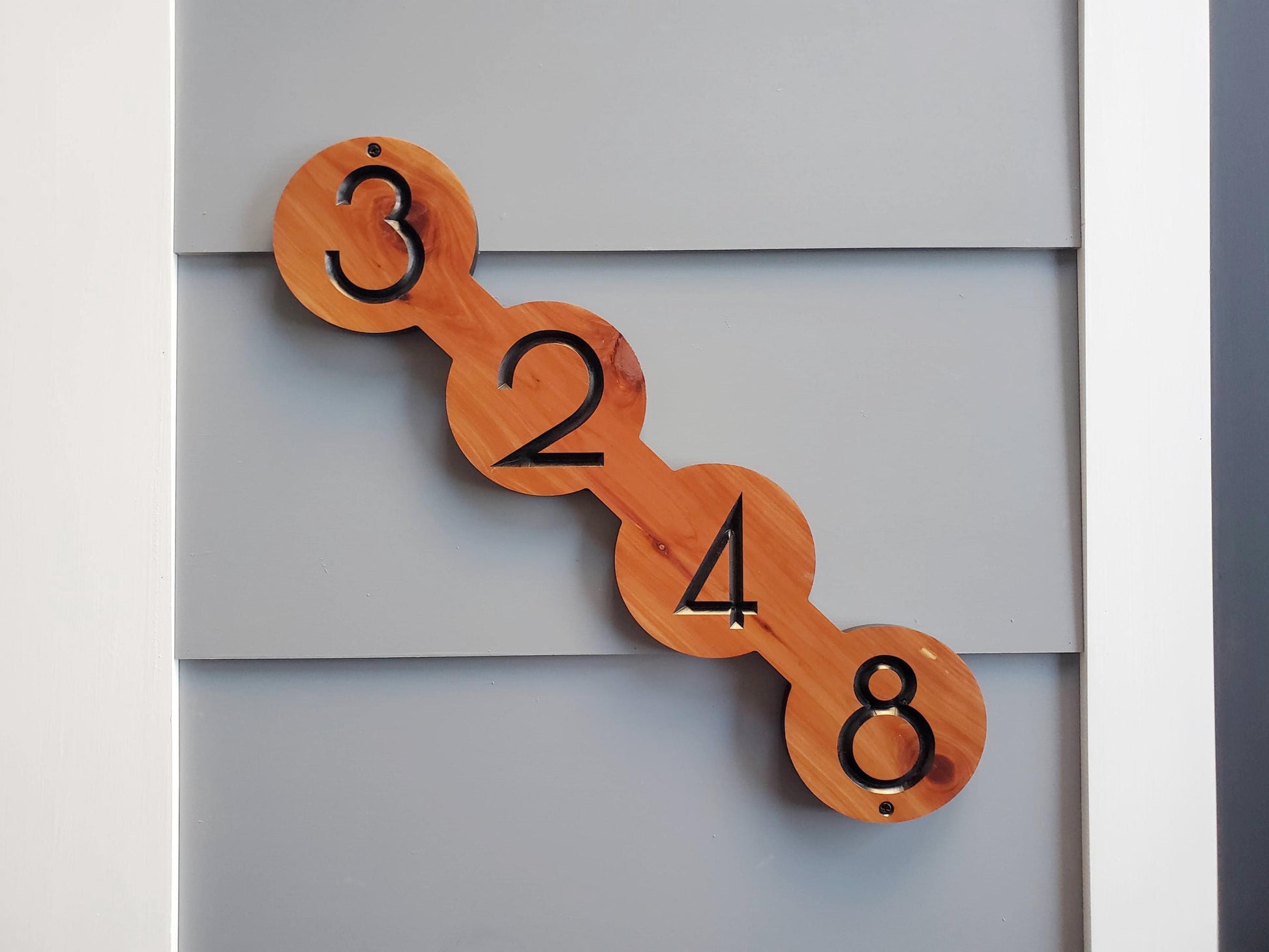 House Sign, Mid Century Modern Home Street Number Address Plaque, MCM Diagonal Circle Shape Numbers