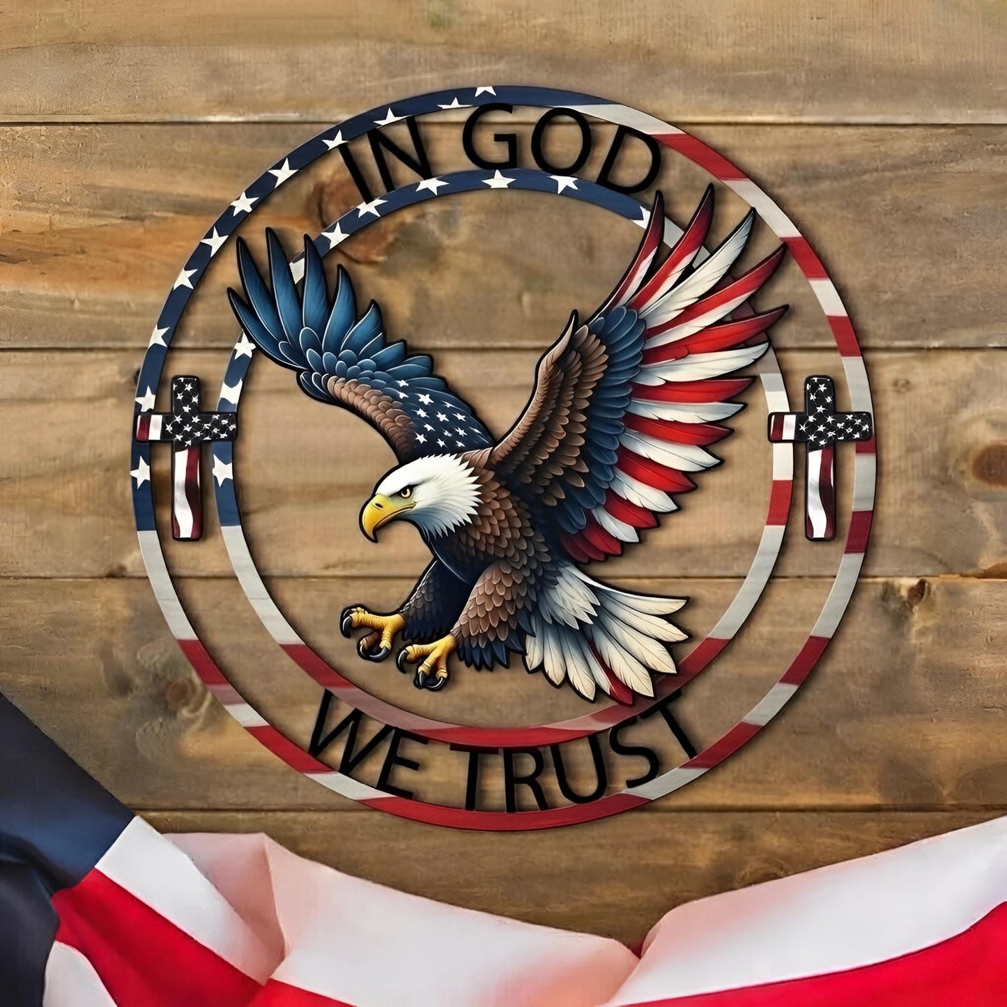 In God We Trust Metal Sign, Patriotic Eagle Christian Decor, American Flag Cross Sign, Bald Eagle with Cross and Flag