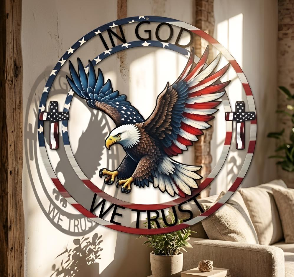 In God We Trust Metal Sign, Patriotic Eagle Christian Decor, American Flag Cross Sign, Bald Eagle with Cross and Flag