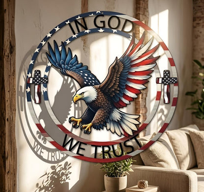 In God We Trust Metal Sign, Patriotic Eagle Christian Decor, American Flag Cross Sign, Bald Eagle with Cross and Flag