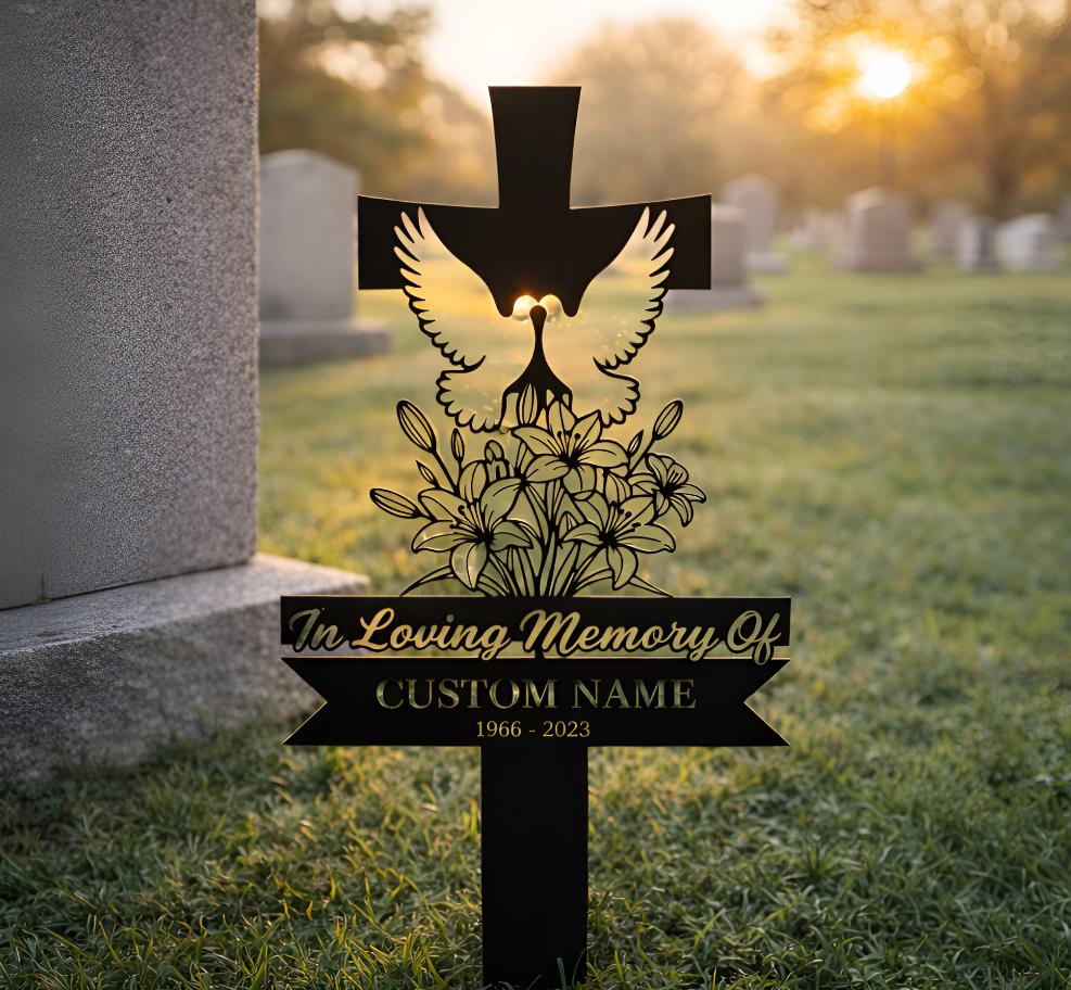 Personalized Cross Memorial Garden Stake with Doves, Custom Grave Marker with Name & Dates, Christian Sympathy Gift