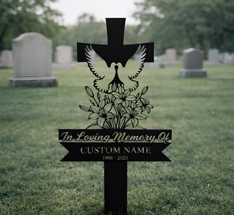 Personalized Cross Memorial Garden Stake with Doves, Custom Grave Marker with Name & Dates, Christian Sympathy Gift