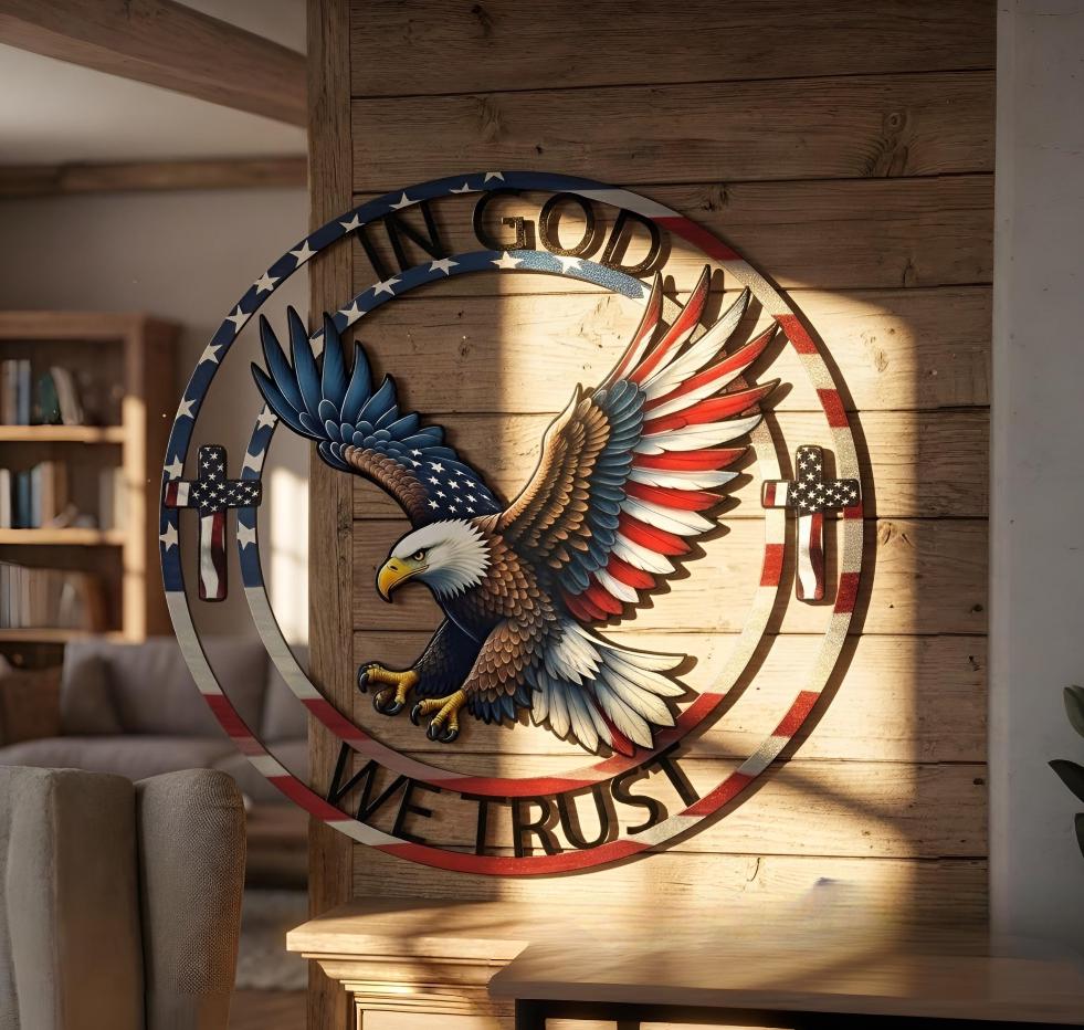 In God We Trust Metal Sign, Patriotic Eagle Christian Decor, American Flag Cross Sign, Bald Eagle with Cross and Flag