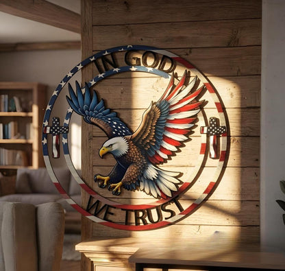 In God We Trust Metal Sign, Patriotic Eagle Christian Decor, American Flag Cross Sign, Bald Eagle with Cross and Flag