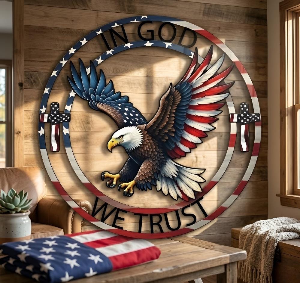 In God We Trust Metal Sign, Patriotic Eagle Christian Decor, American Flag Cross Sign, Bald Eagle with Cross and Flag