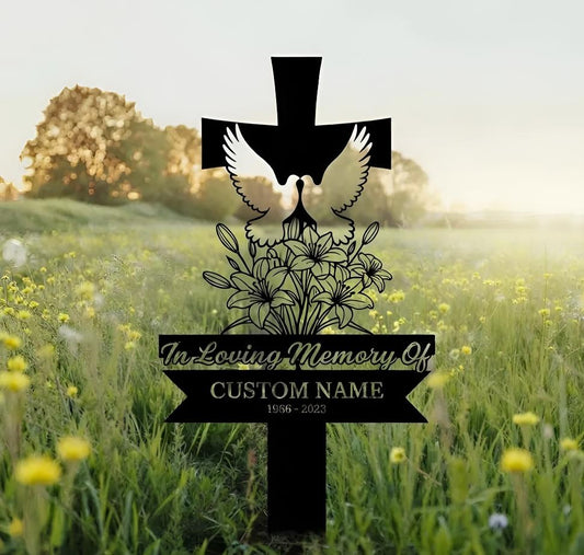 Personalized Cross Memorial Garden Stake with Doves, Custom Grave Marker with Name & Dates, Christian Sympathy Gift