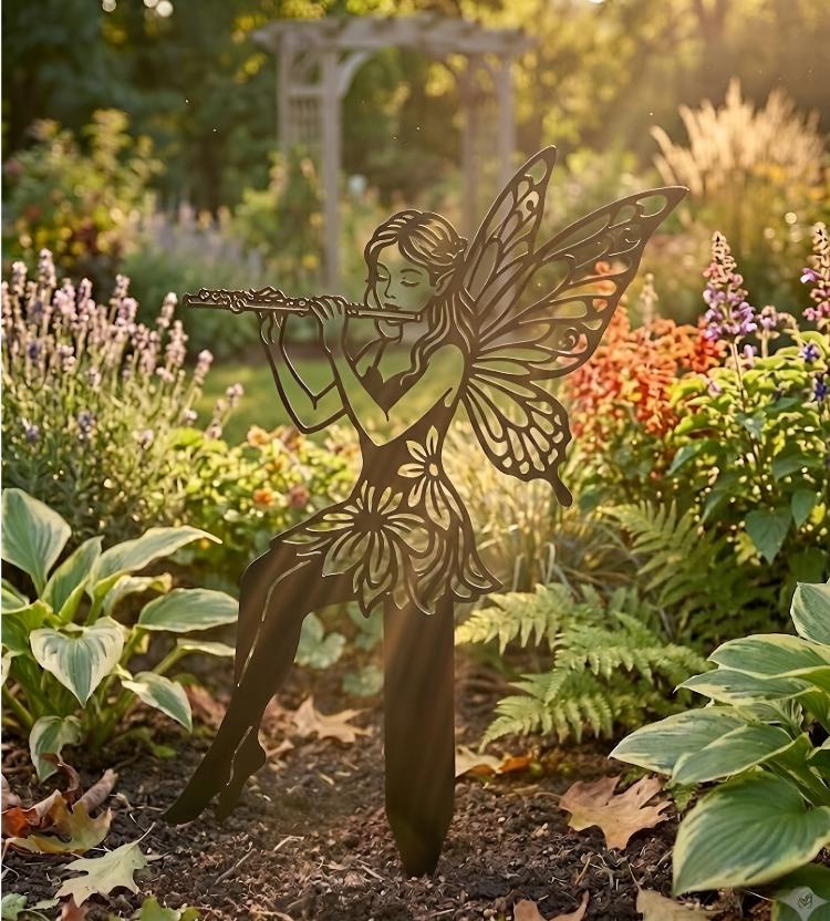 Whimsical Fairy Flute Metal Garden Sign Garden Decor Accessories, Garden Sculpture Yard Decor Fairy Garden Gift