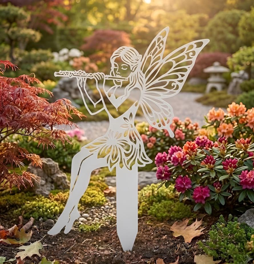 Whimsical Fairy Flute Metal Garden Sign Garden Decor Accessories, Garden Sculpture Yard Decor Fairy Garden Gift