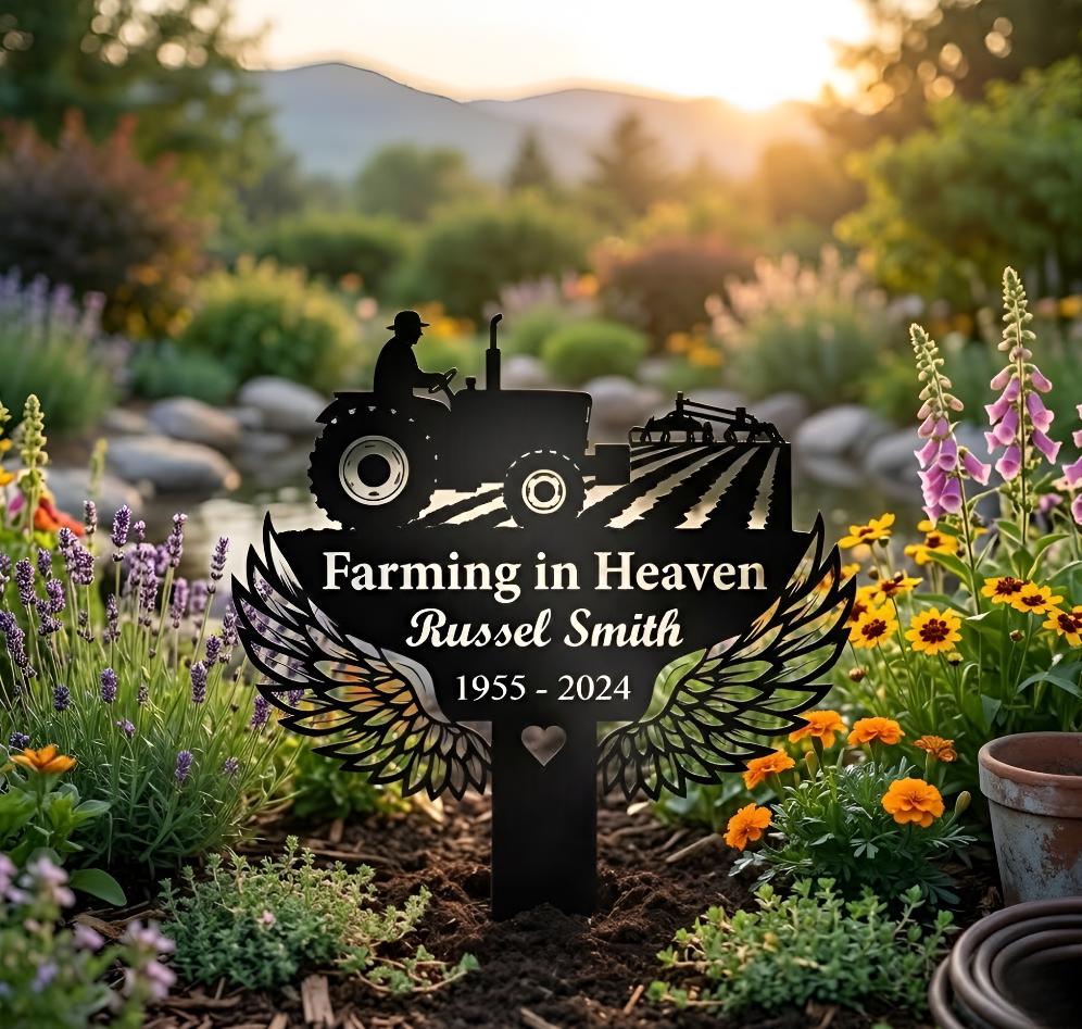 Personalized Tractor Memorial Metal Sign  Custom Grave Marker with Name Farmer with Tractor Remembrance Stake