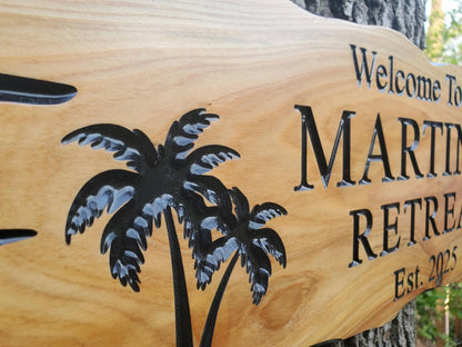 Custom Beach House Decor, Rustic Personalized Family Last Name Sign Outdoor Wooden Plaque, Exterior Welcome Established Date, Mahogany Cedar