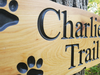 Custom Dog Sign, Personalized Rustic Pet Plaque, Puppie Paws Garden Trail Art Decor, Outdoor Wood, Exterior Finish, Cedar Cypress Mahogany