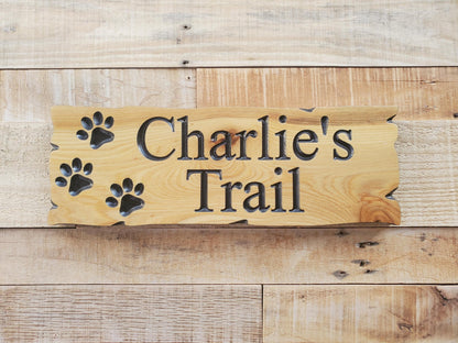 Custom Dog Sign, Personalized Rustic Pet Plaque, Puppie Paws Garden Trail Art Decor, Outdoor Wood, Exterior Finish, Cedar Cypress Mahogany