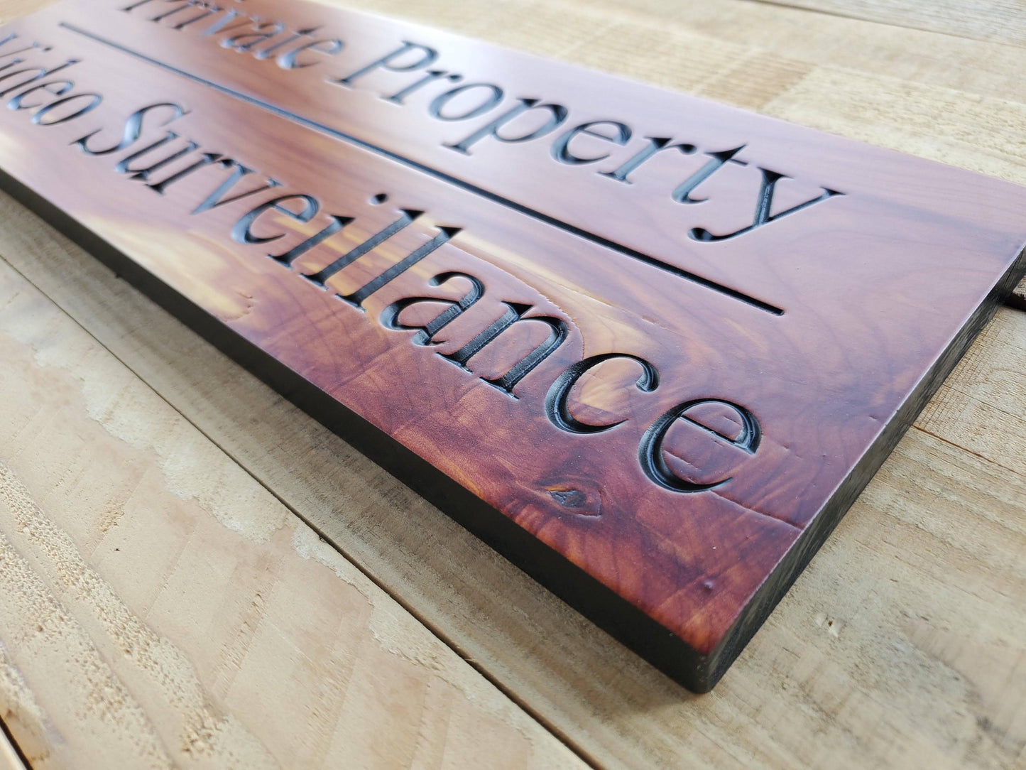 Private Property Video Surveillance Sign, Carved Wood Outdoor CCTV Security Camera Warning Plaque, Mahogany Cypress Cedar Wooden Carving