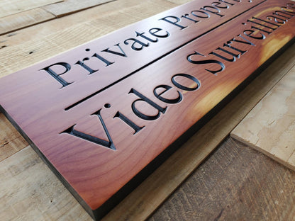 Private Property Video Surveillance Sign, Carved Wood Outdoor CCTV Security Camera Warning Plaque, Mahogany Cypress Cedar Wooden Carving