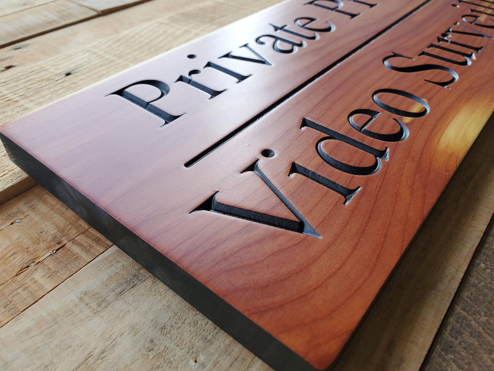 Private Property Video Surveillance Sign, Carved Wood Outdoor CCTV Security Camera Warning Plaque, Mahogany Cypress Cedar Wooden Carving
